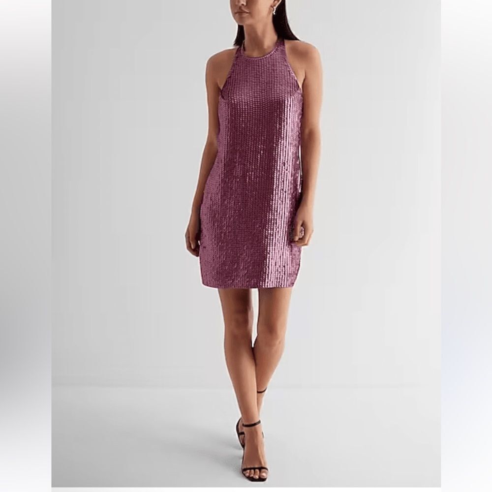 Express Sequin Halter Neck Open Back Mini Shift Dress NWT